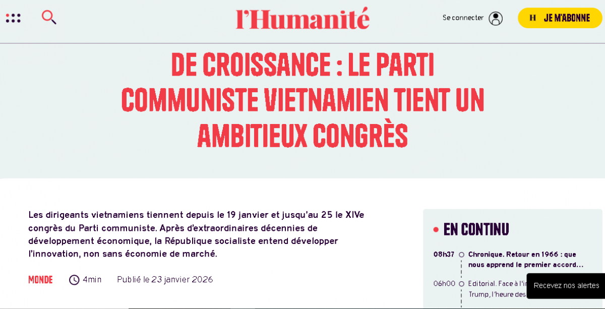 24-01 Báo Pháp nhấn mạnh những mục tiêu tham vọng của Việt Nam