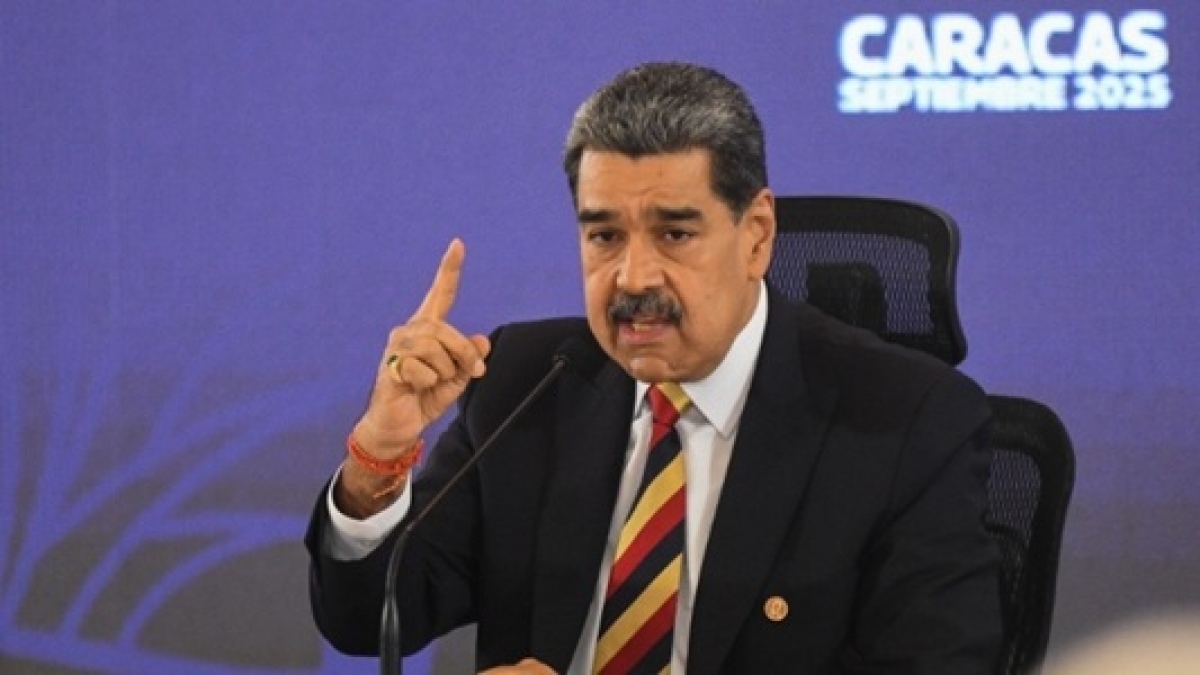 Tổng thống Venezuela Nicolas Maduro trong cuộc họp báo tại Caracas, tháng 9/2025. (Ảnh: THX/TTXVN)