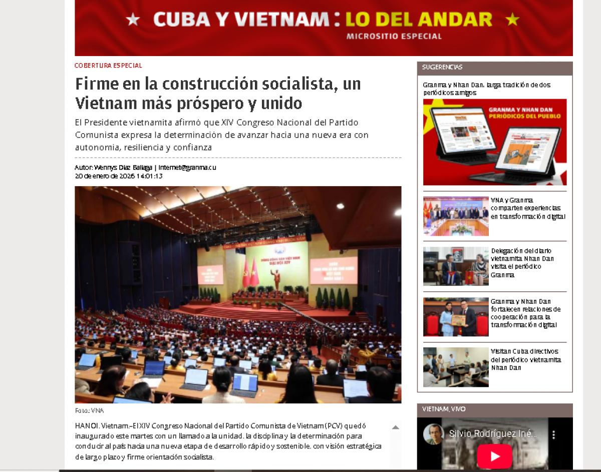 Báo Granma của Cuba nhấn mạnh tính kiên định về mục tiêu xây dựng chủ nghĩa xã hội và tinh thần tự chủ, tự tin của Việt Nam