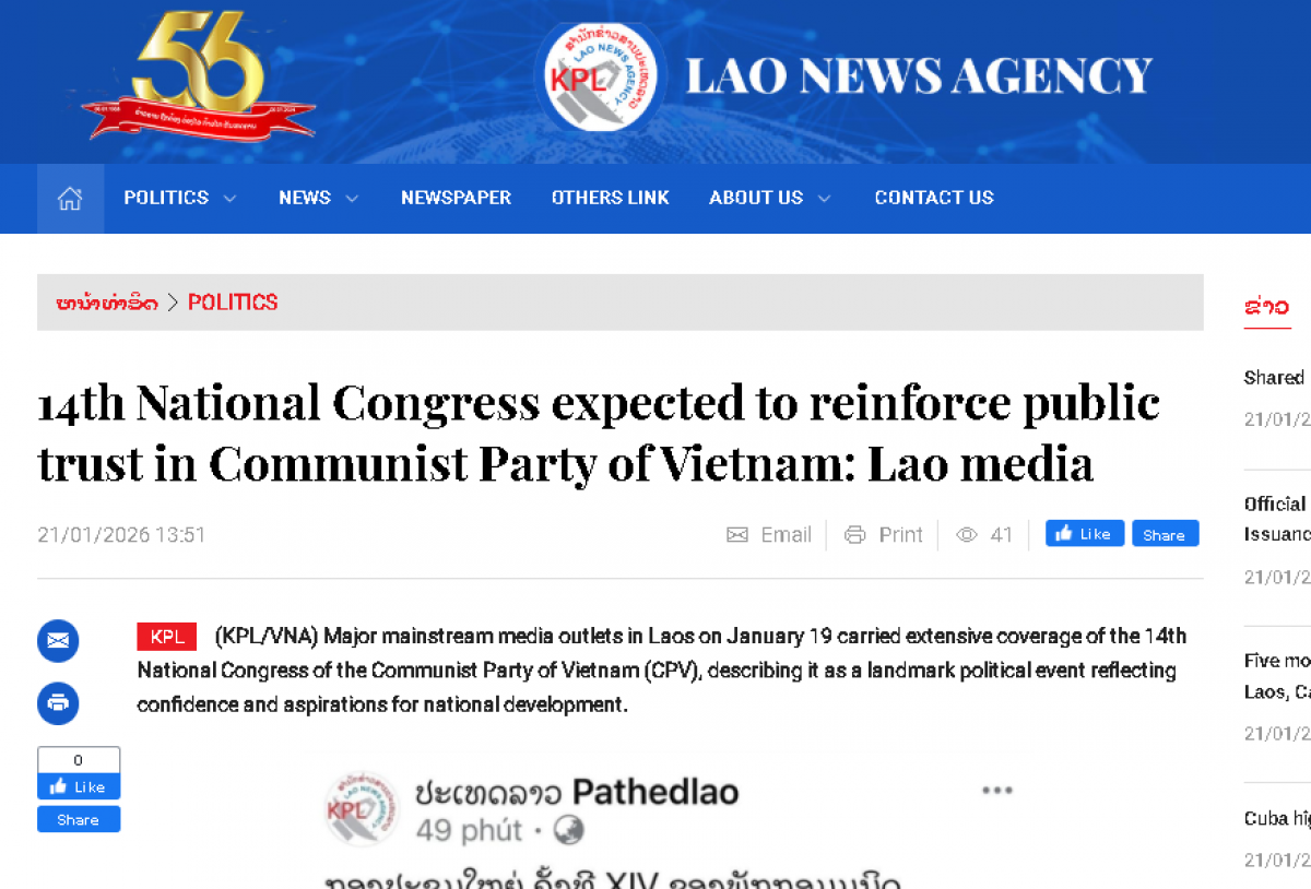 Hãng thông tấn Lào- Đại đại biểu toàn quốc lần thứ 14 củng cố niềm tin của người dân vào Đảng Cộng sản Việt Nam