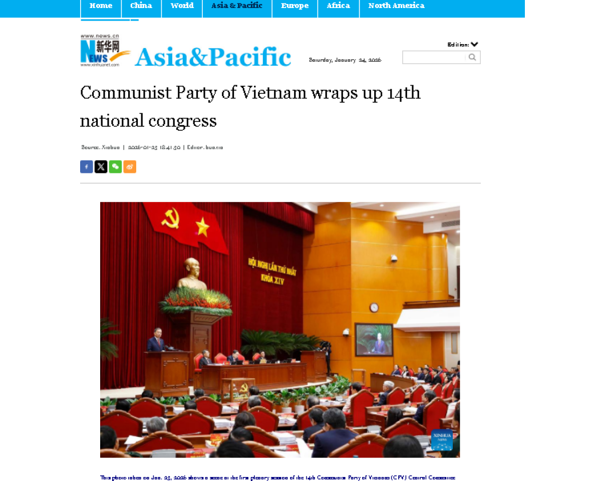 Tân Hoa xã đưa tin đậm nét về phiên bế mạc Đại hội XIV của Đảng tại Hà Nội