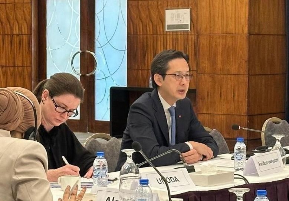 Đại sứ Đỗ Hùng Việt, Trưởng Phái đoàn thường trực Việt Nam tại LHQ, Chủ tịch được chỉ định của Hội nghị kiểm điểm NPT, chủ trì Hội thảo. Ảnh: TTXVN phát