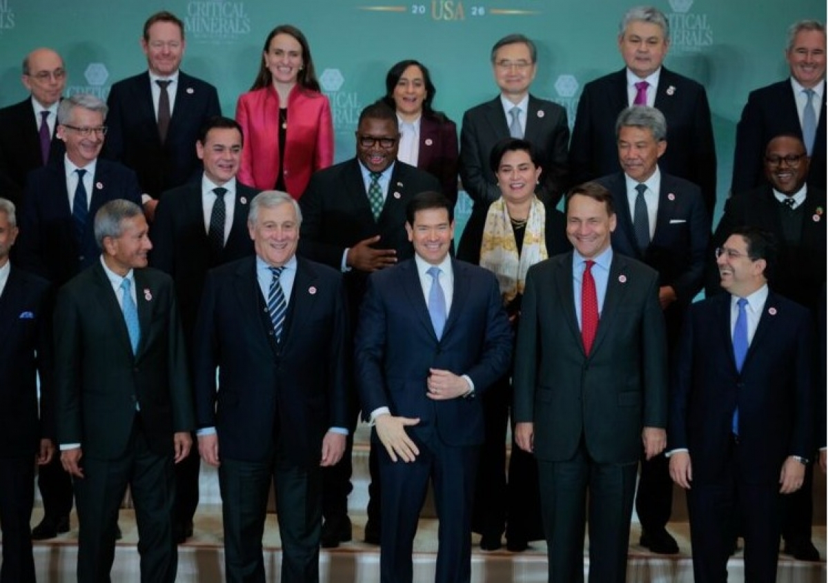 Ngoại trưởng Mỹ Marco Rubio cùng đại diện các nước quan tâm đến liên minh khoáng sản tại buổi họp báo ngày 4/2. Ảnh: moroccoworldnews