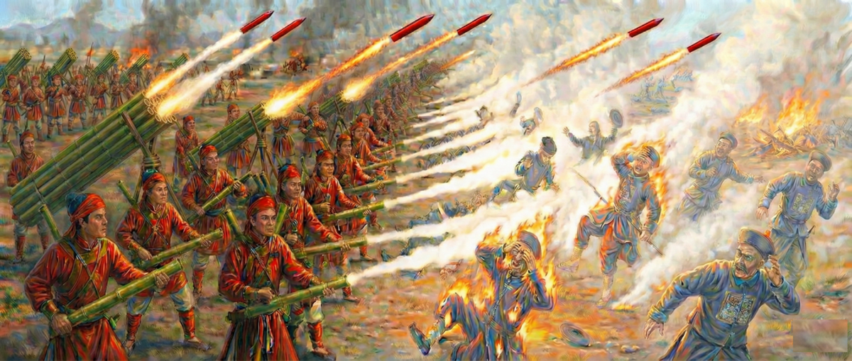 Quân Đại Việt giáp chiến quân Thanh bên bờ sông Hồng, hàng đầu là ống phóng hỏa hổ bằng tre phun lửa Phốt pho xa 10m, hàng sau là pháo thăng thiên Phốt pho phóng loạt biến toàn bộ đại quân của giặc thành biển lửa