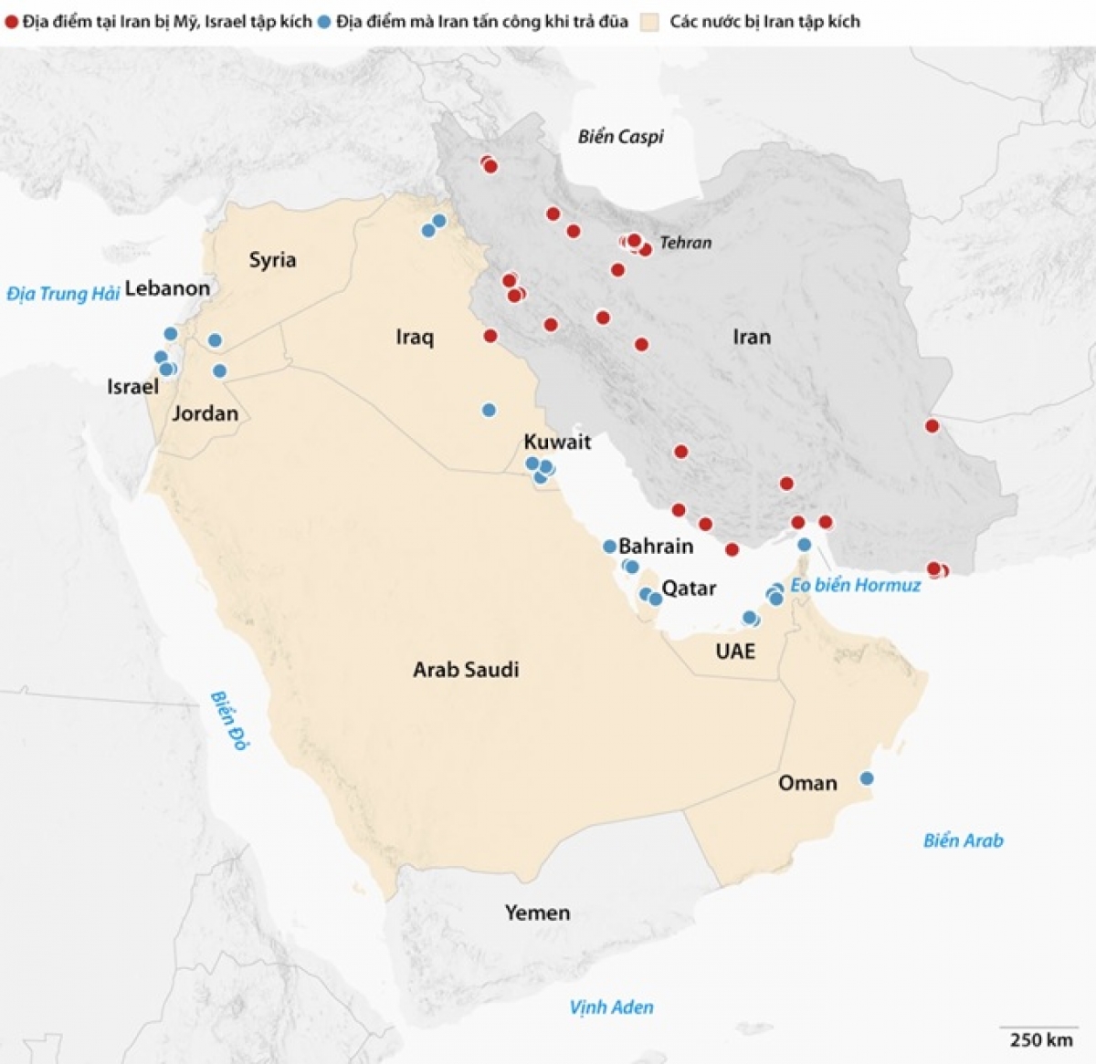 Các mục tiêu bị tập kích trong xung đột giữa Mỹ - Israel và Iran. Đồ họa: CNN
