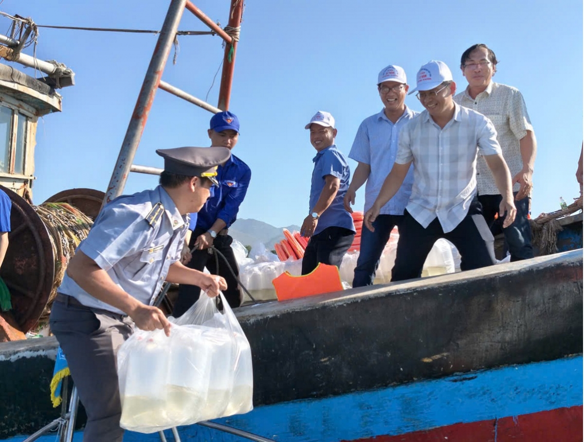 Chuyển con giống từ ca nô lên tàu ra đảo.