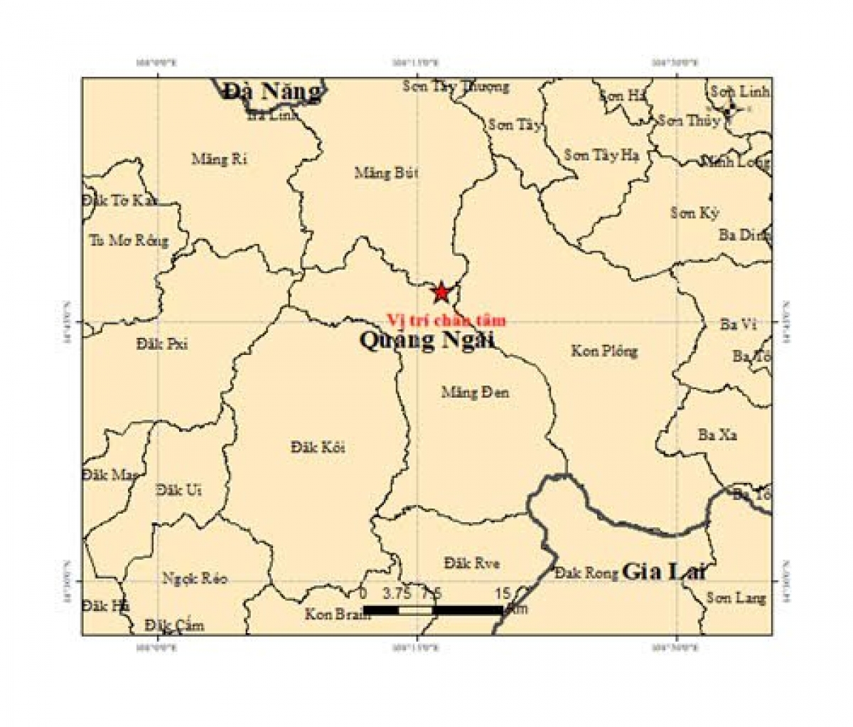 Vị trí trận động đất ở xã Măng Bút, Kon Tum cũ. Ảnh: Viện Vật lý địa cầu.