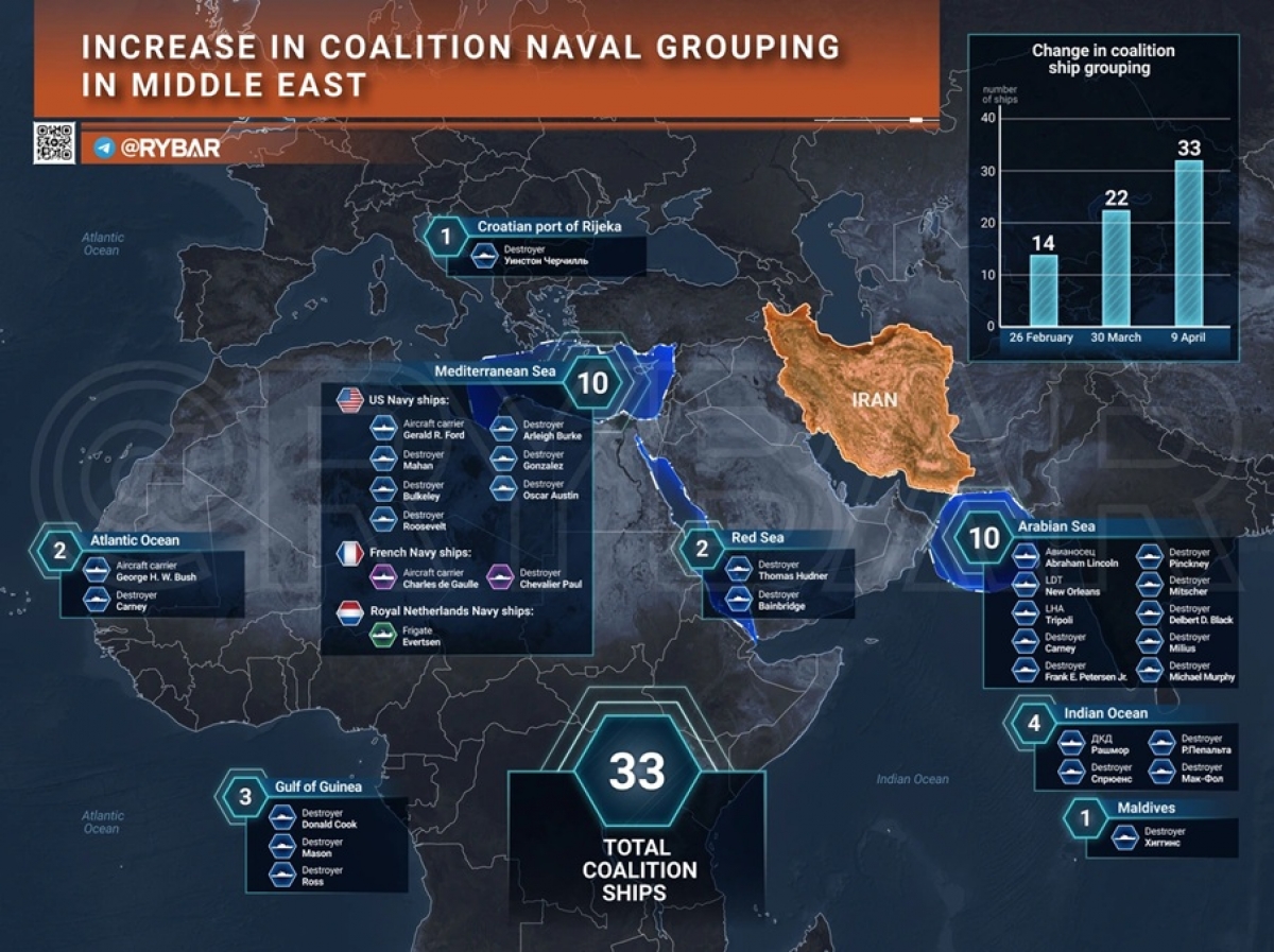 Bố trí binh lực của Hải quân Mỹ ở Trung Đông, sẵn sàng tấn công Iran nếu Tổng thống Mỹ Donald Trump ra lệnh (Ảnh: Rybar).