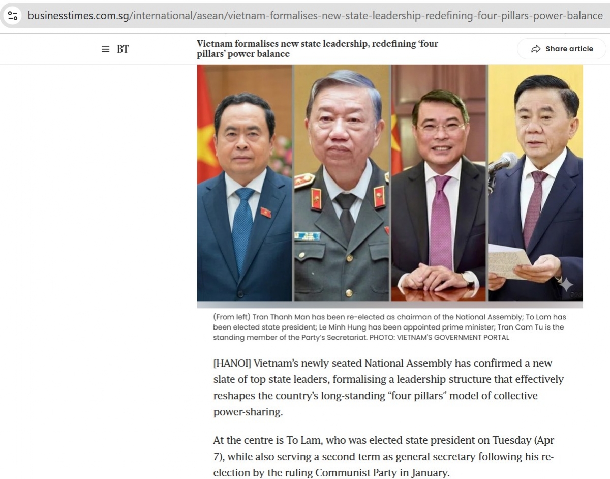 Bài viết trên trang báo The Business Times (Singapore) hôm 7/4/2026. Ảnh: screenshot