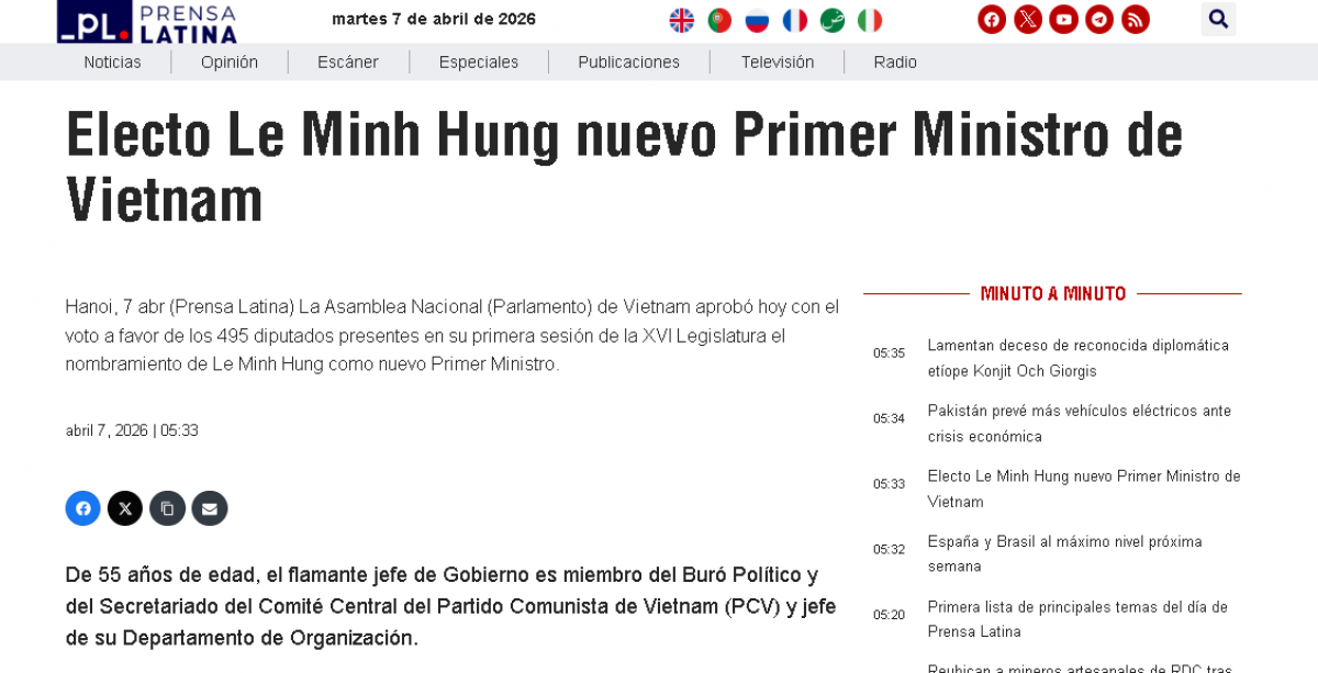 "Ông Lê Minh Hưng được bầu giữ chức Thủ tướng Chính phủ Việt Nam" - Nhan đề bài viết trên Prensa Latina
