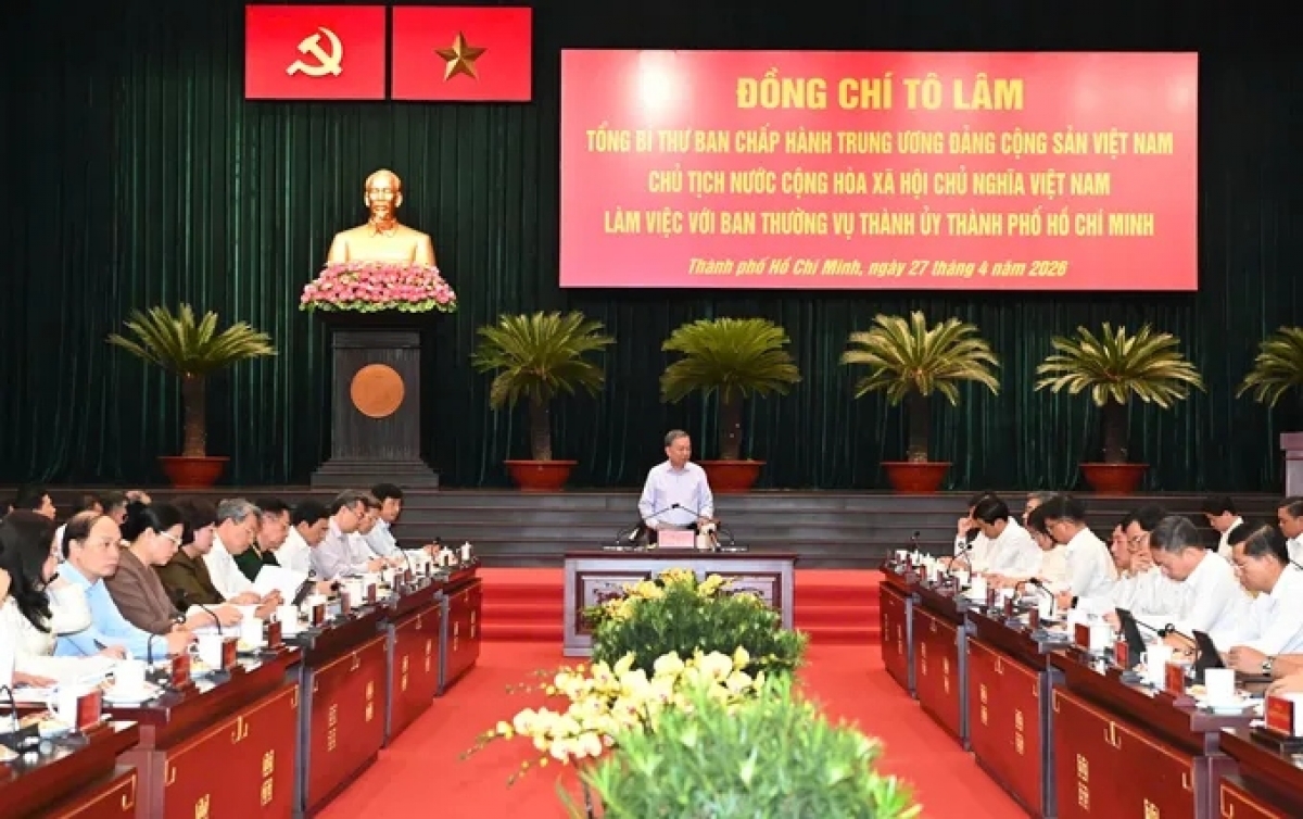 Tổng Bí thư, Chủ tịch nước Tô Lâm chủ trì buổi làm việc với Ban Thường vụ Thành ủy TPHCM, chiều 27-4.