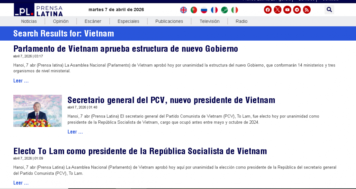 Prensa Latina đăng tải nhiều bài về kỳ họp thứ nhất Quốc hội khoá XVI