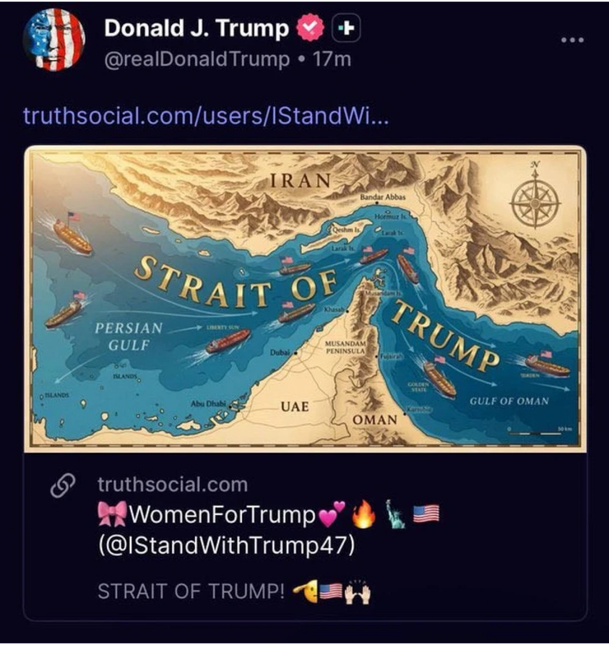 Bài đăng của Tổng thống Mỹ Donald Trump trên Truth Social, chỉnh sửa tên của eo Hormuz thành "eo biển Trump" - Ảnh: TRUTH SOCIAL