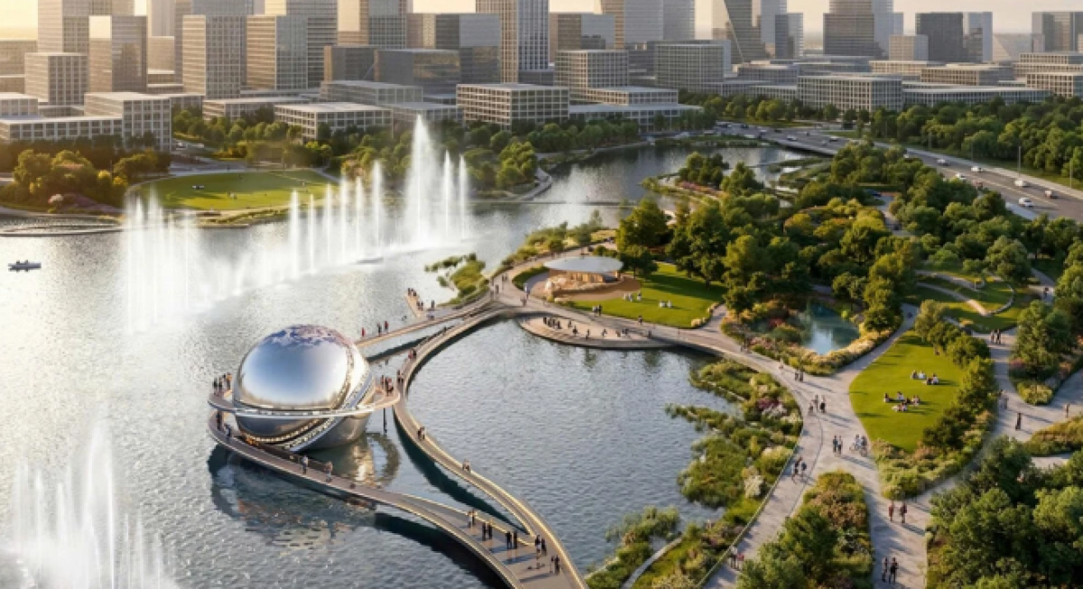 Phối cảnh hồ trung tâm trong quảng trường ở khu đô thị mới Thủ Thiêm