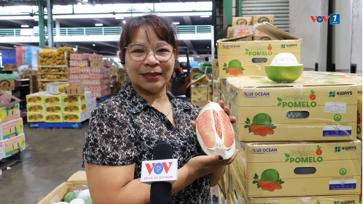 Bà Theresa Nguyễn rất vui vì đã được bán quả bưởi của Việt Nam tại Australia sau 8 năm chờ đợi. Nguồn: Việt Nga/VOV Australia