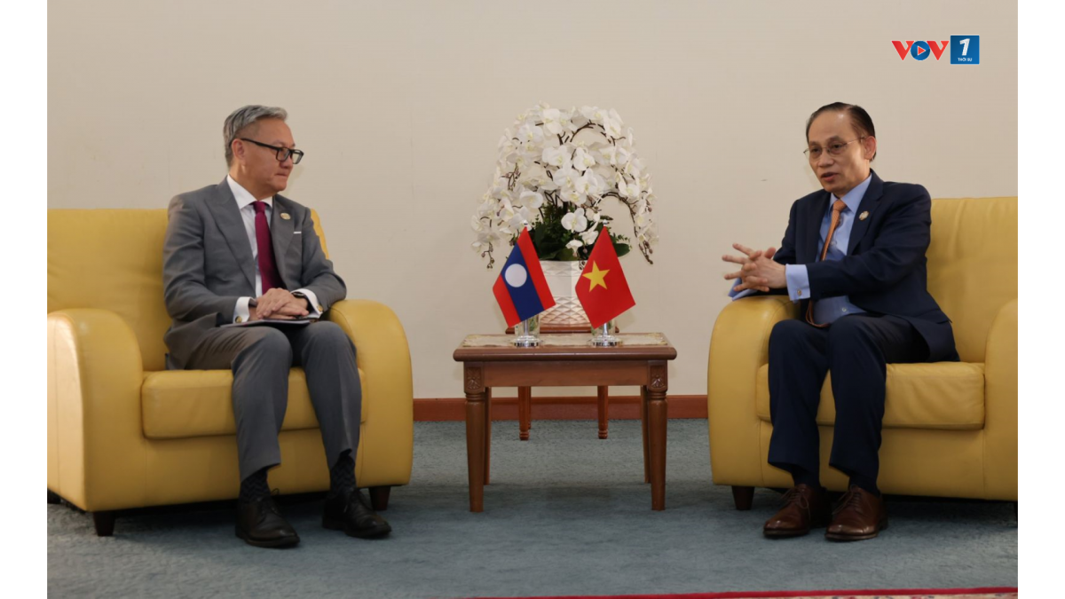 Bộ trưởng Ngoại giao Lê Hoài Trung gặp Phó Thủ tướng-Bộ trưởng Ngoại giao Lào Thongsavan Phomvihane. Ảnh: TTXVN