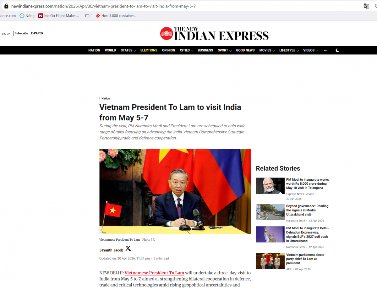 Tờ India Express đưa tin về chuyến thăm. Ảnh chụp màn hình