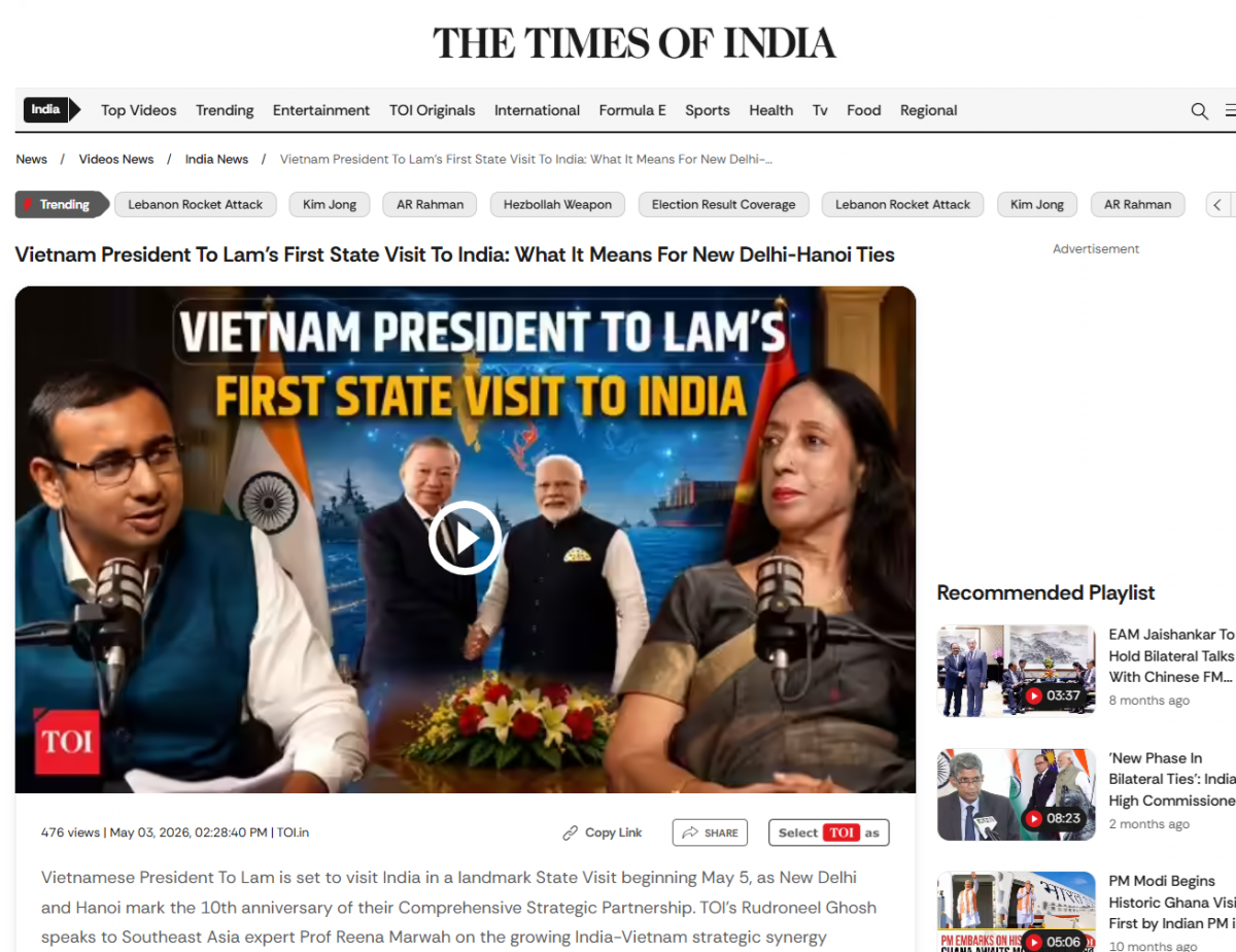 Tờ Times of India có bài phỏng vấn chuyên gia sâu về chuyến thăm. Ảnh chụp màn hình