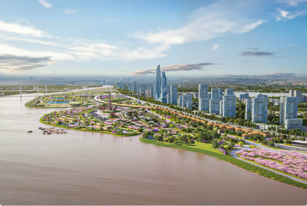 Dự án có tổng mức đầu tư khoảng 855.000 tỷ đồng với quy mô 11.000 ha, kéo dài từ cầu Sông Hồng đến cầu Mễ Sở, thuộc địa giới 19 xã, phường của thành phố Hà Nội, tổng chiều dài khoảng 80km. (Ảnh phối cảnh)