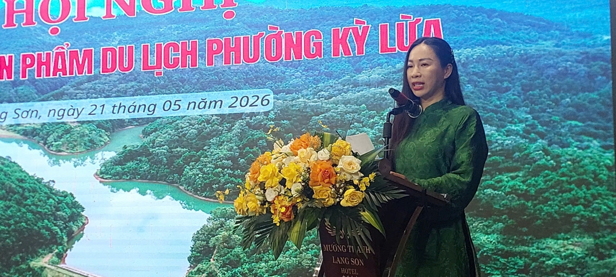 Bà Trần Thị Bích Hạnh – Phó Giám đốc Trung tâm Xúc tiến Đầu tư, Thương mại và Du lịch tỉnh Lạng Sơn phát biểu tại Hội nghị.