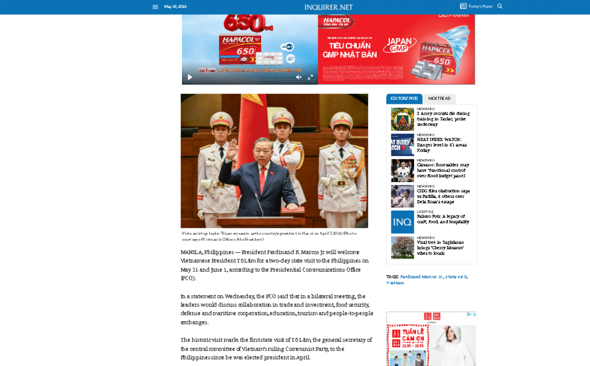 Bài viết về chuyến thăm Philippines của Tổng bí thư, Chủ tịch nước Tô Lâm trên Inquirer, một trong những trang tin hàng đầu của Philippines