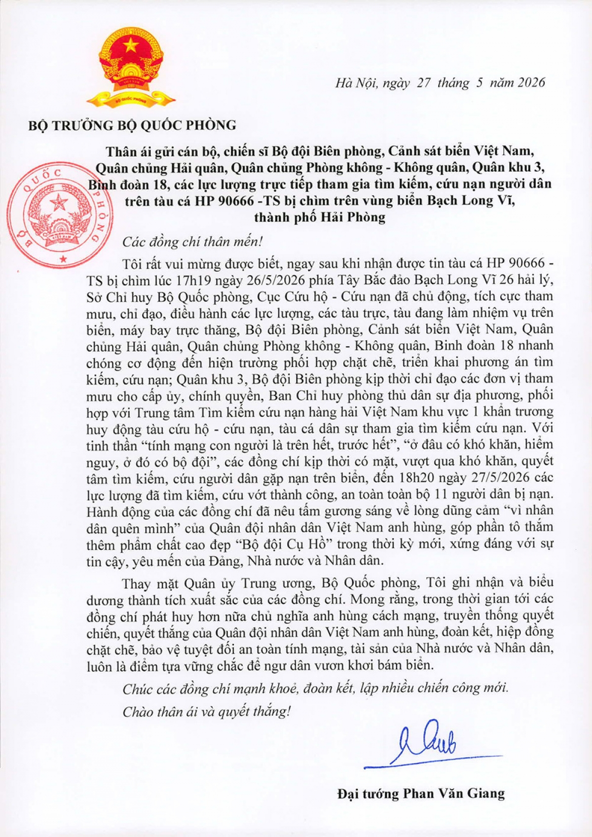 Toàn văn thư của Đại tướng Phan Văn Giang