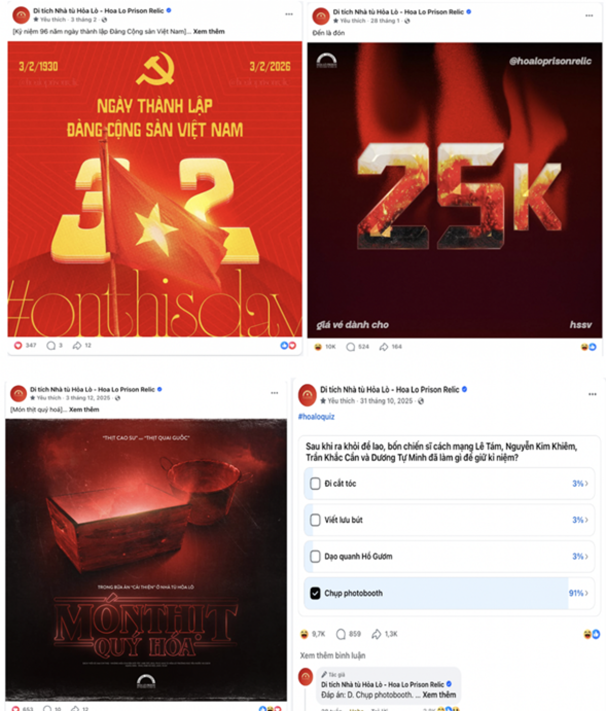 Những nội dung viral trên fanpage Di tích Nhà tù Hoả Lò (Nguồn: Di tích nhà tù Hoả Lò - Hoa Lo Prison Relic)