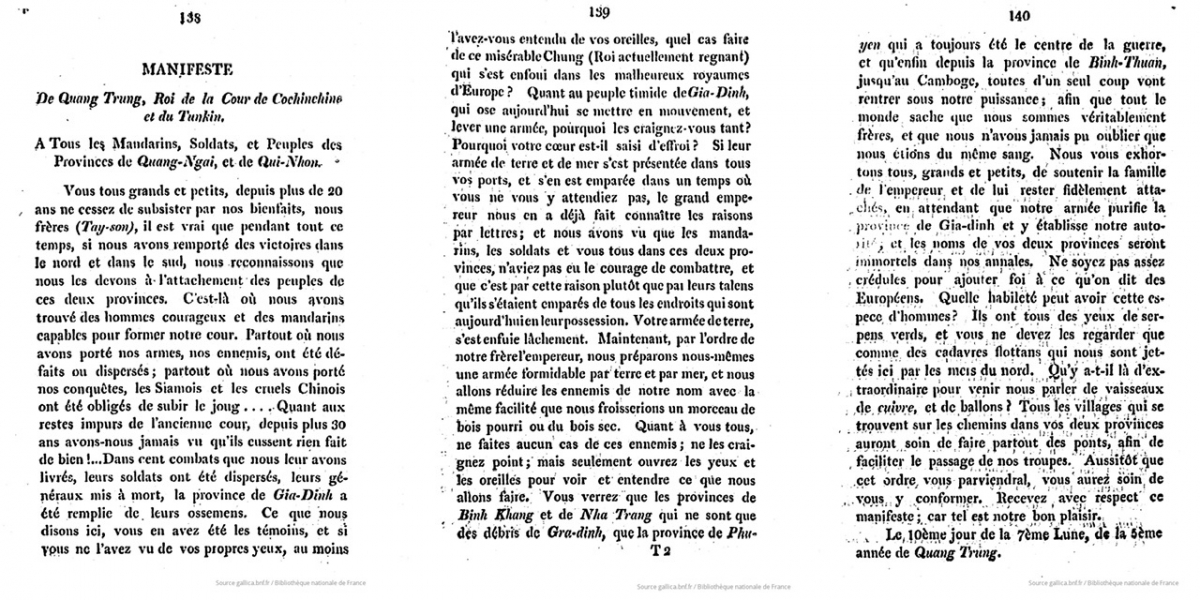 Hịch của Hoàng đế Quang Trung trong sách Etat actuel du Tunkin (Montyon, 1811), hiện lưu trữ tại Thư viện Quốc gia Pháp (BnF/Gallica), ghi rõ Nguyễn Ánh đã chạy sang châu Âu. Trên thế giới, bài hịch này với nội dung Nguyễn Ánh đang lưu vong ở châu Âu năm 1792 được lưu trữ tại ít nhất 5 thư viện uy tín nhất thế giới.
