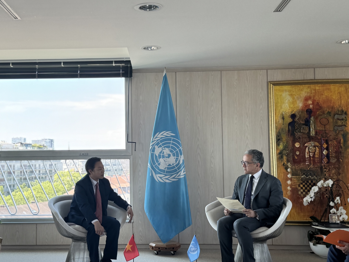 Thứ trưởng Ngô Lê Văn làm việc với Tổng Giám đốc UNESCO Khaled El-Enany - Ảnh: Anh Tuấn/VOV