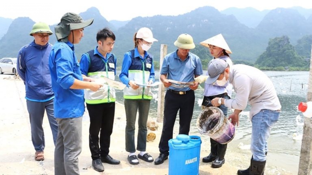 Cán bộ Trung tâm Khuyến nông Hà Nội hỗ trợ kỹ thuật chăn nuôi cho các hộ dân xã Mỹ Đức.