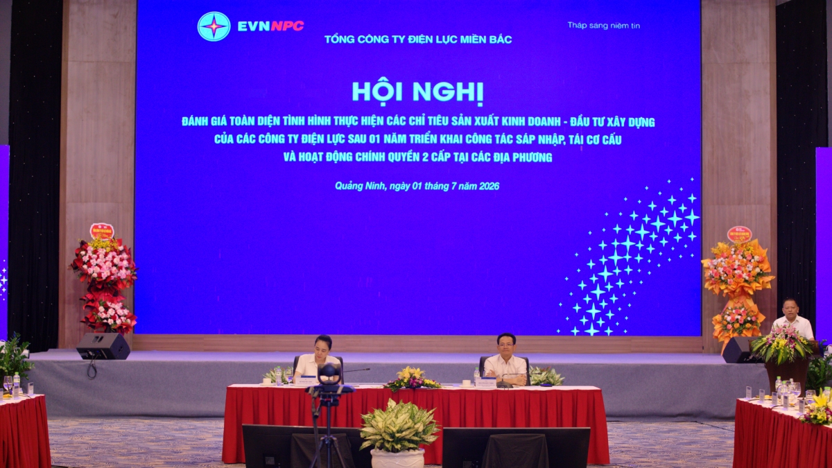 Bà Đỗ Nguyệt Ánh - Chủ tịch Hội đồng Thành viên và ông Nguyễn Đức Thiện - Tổng Giám đốc Tổng Công ty Điện lực miền Bắc (EVNNPC) chủ trì Hội nghị đánh giá toàn diện tình hình thực hiện các chỉ tiêu sản xuất kinh doanh - đầu tư xây dựng của các Công ty Điện lực sau 1 năm triển khai công tác sáp nhập, tái cơ cấu và hoạt động chính quyền 2 cấp tại các địa phương