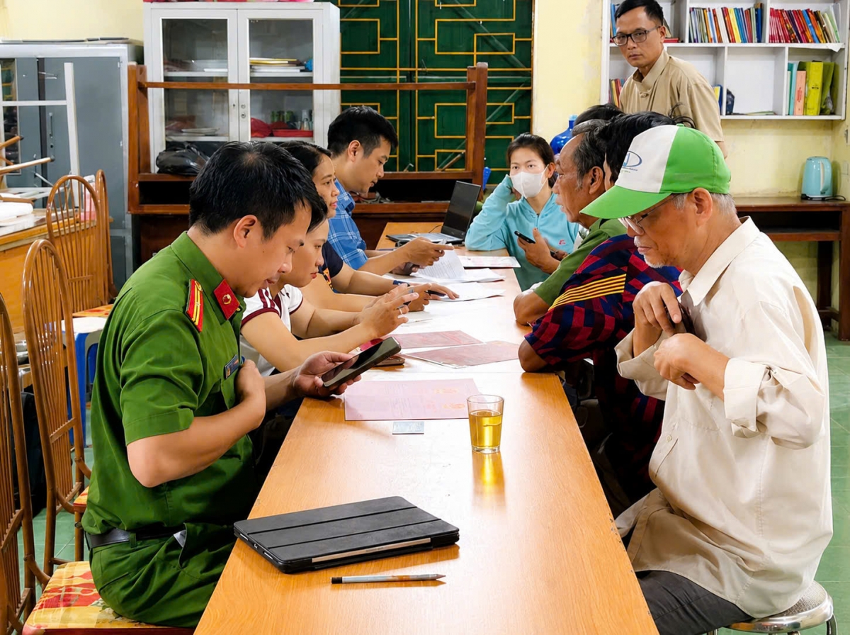 Người dân xã Hát Môn cung cấp thông tin dữ liệu đất đai cho cơ quan chức năng.