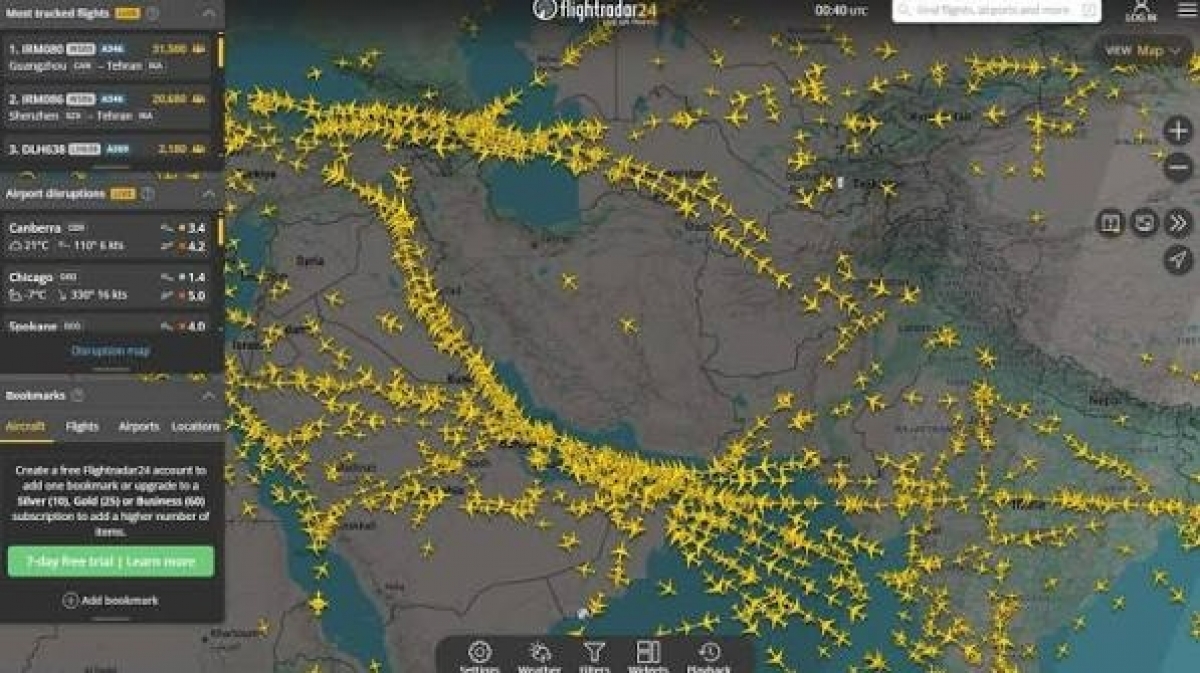Iran đóng cửa không phận thủ đô Tehran. Ảnh minh họa: X@ Flightradar24