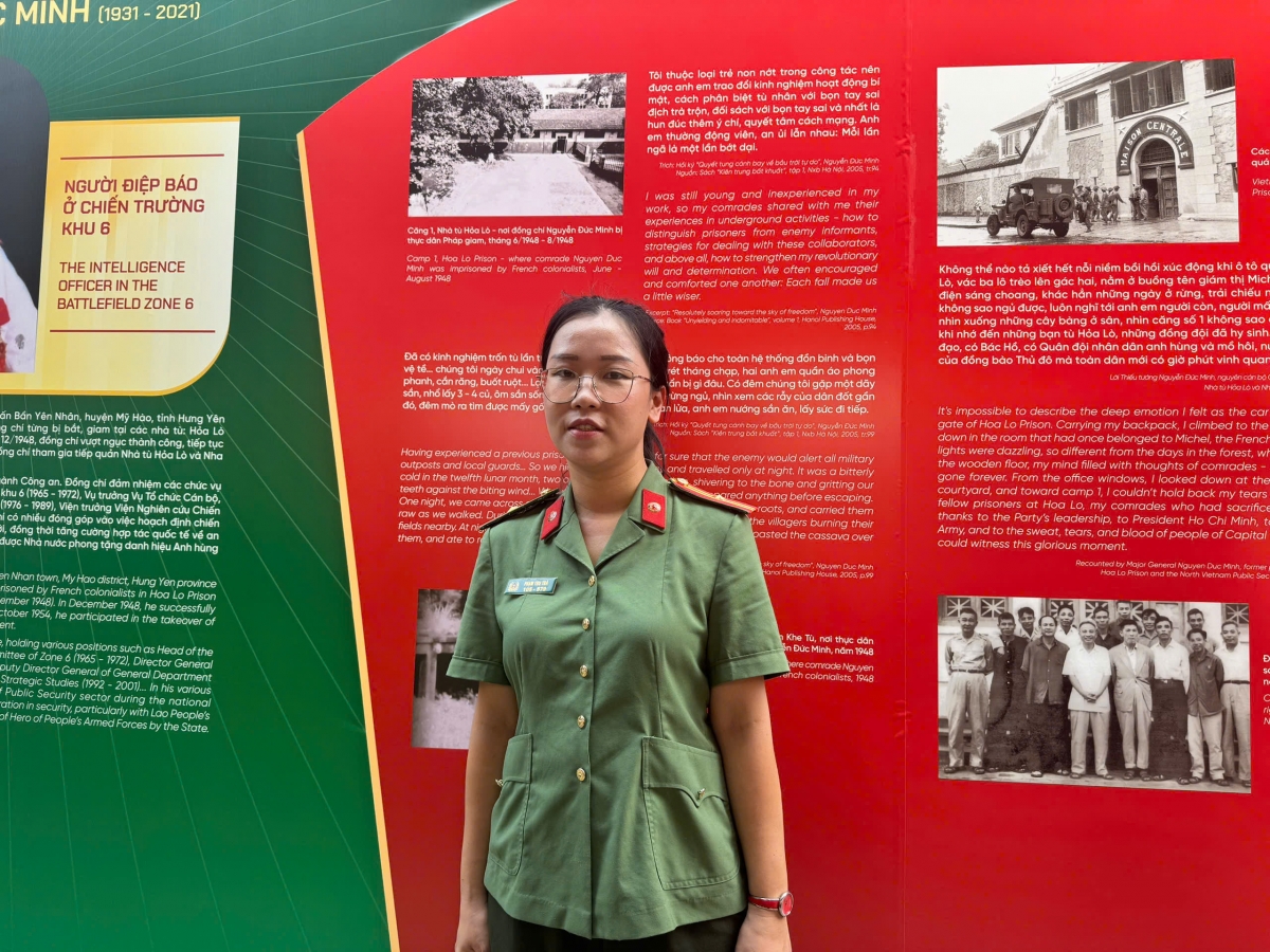 Chị Phạm Thu Trà, cán bộ Bảo tàng Công an Nhân dân, Cục Công tác Chính trị, Bộ Công An chia sẻ cảm nhận khi tìm hiểu hành trình chiến đấu kiên cường của những người chiến sỹ bị địch bắt tù đầy.