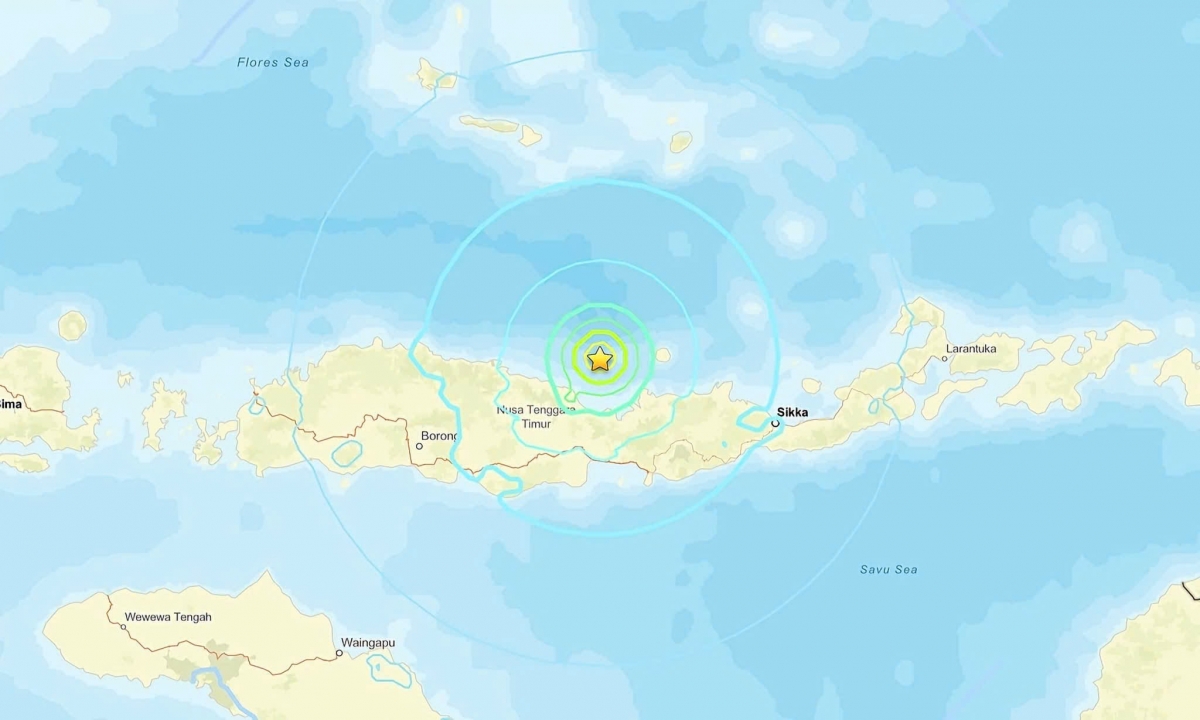 Vị trí trận động đất ở Indonesia sáng 15/8. Đồ họa: USGS