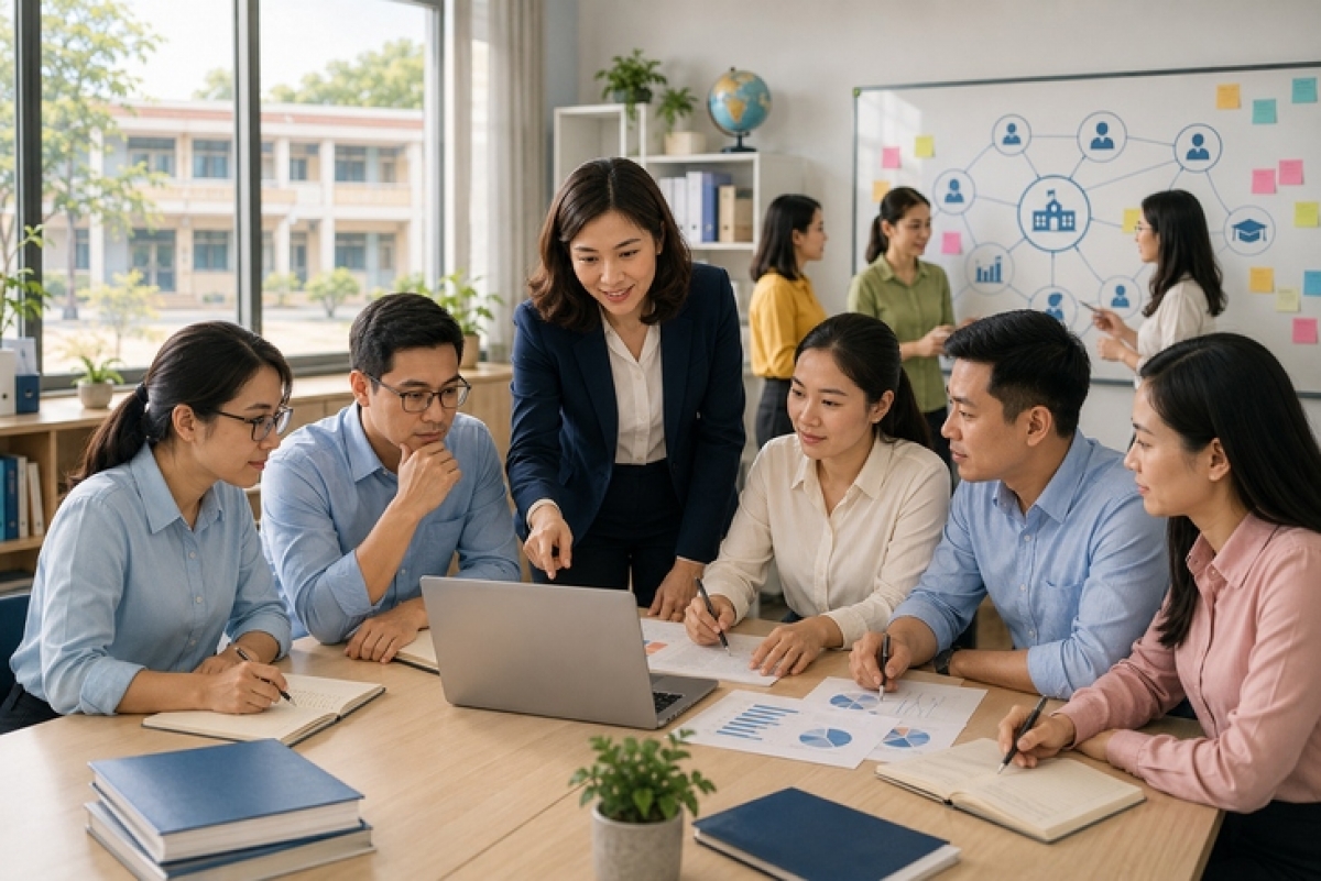 Việc sắp xếp trường học đặt ra yêu cầu mới về công tác quản lý, bố trí nhân sự và nâng cao năng lực quản trị. Ảnh minh họa AI