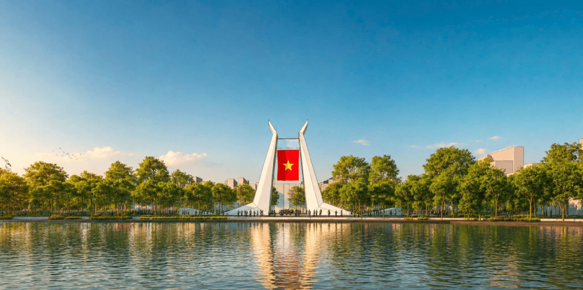 Với phạm vi nghiên cứu khoảng 65,89ha, “Khải Hoàn Môn” dự kiến cao 63m, lấy cảm hứng từ hình ảnh đôi cánh chim hạc vươn lên. (Ảnh: UBND TP Hà Nội)