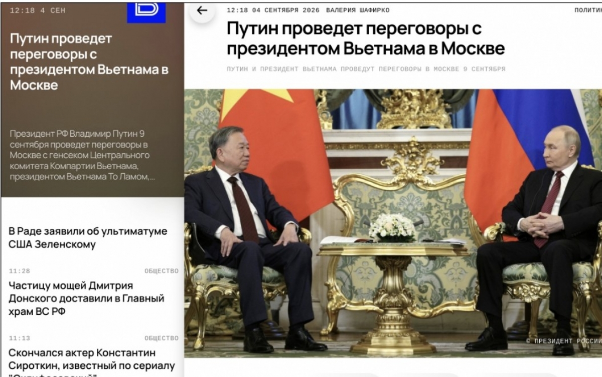 Báo chí Nga đăng ảnh Tổng Bí thư, Chủ tịch nước Tô Lâm và Tổng thống Nga Vladimir Putin. Ảnh: Vesti.