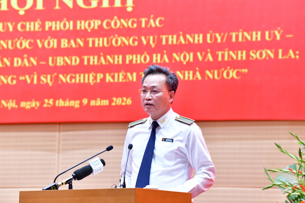 Ảnh: Tổng Kiểm toán Nhà nước Nguyễn Hữu Nghĩa phát biểu tại Hội nghị.