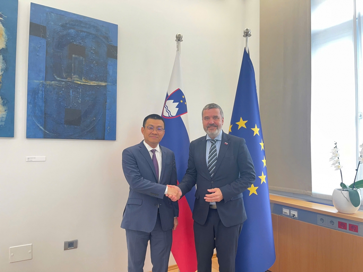 Đại sứ Việt Nam tại Áo kiêm nhiệm Slovenia Vũ Lê Thái Hoàng tại buổi làm việc với Bộ trưởng Ngoại giao Slovenia Tone Kajzer