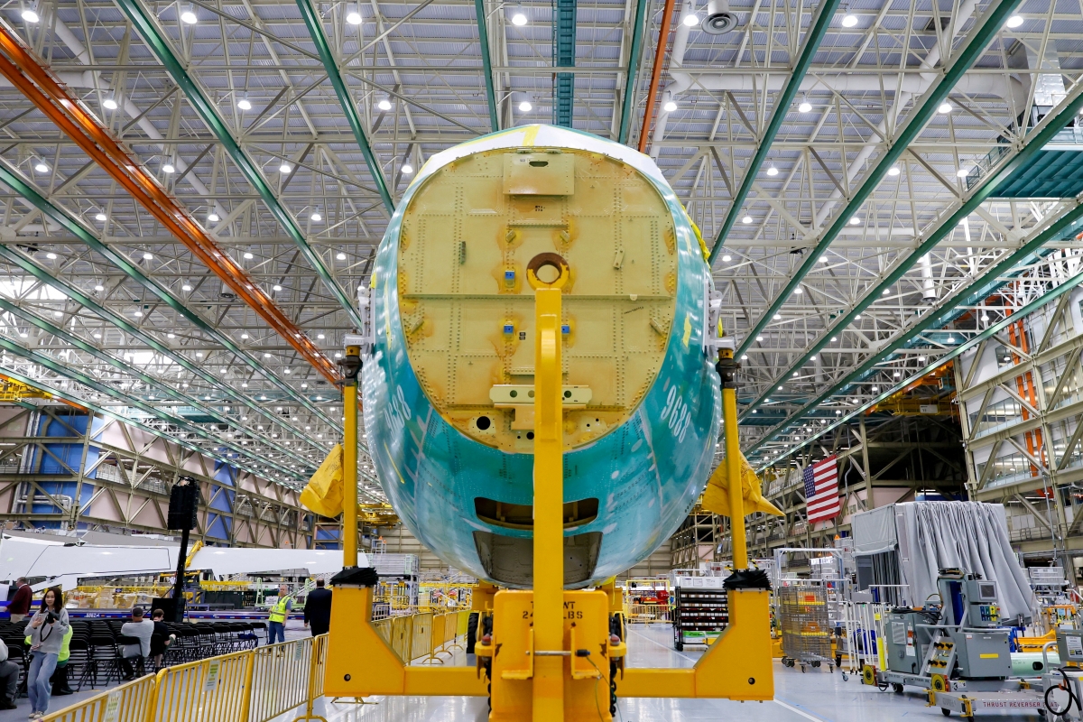Dây chuyền sản xuất dòng máy bay 737 MAX tại nhà máy Boeing Everett ở Everett, Washington, Mỹ (Nguồn ảnh: Reuters)
