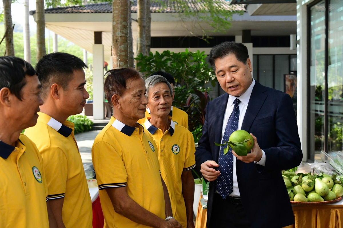 Ông Lê Quốc Thanh, Giám đốc Trung tâm Khuyến nông Quốc gia trao đổi với các thành viên HTX Cam lòng vàng, tỉnh Hưng Yên.